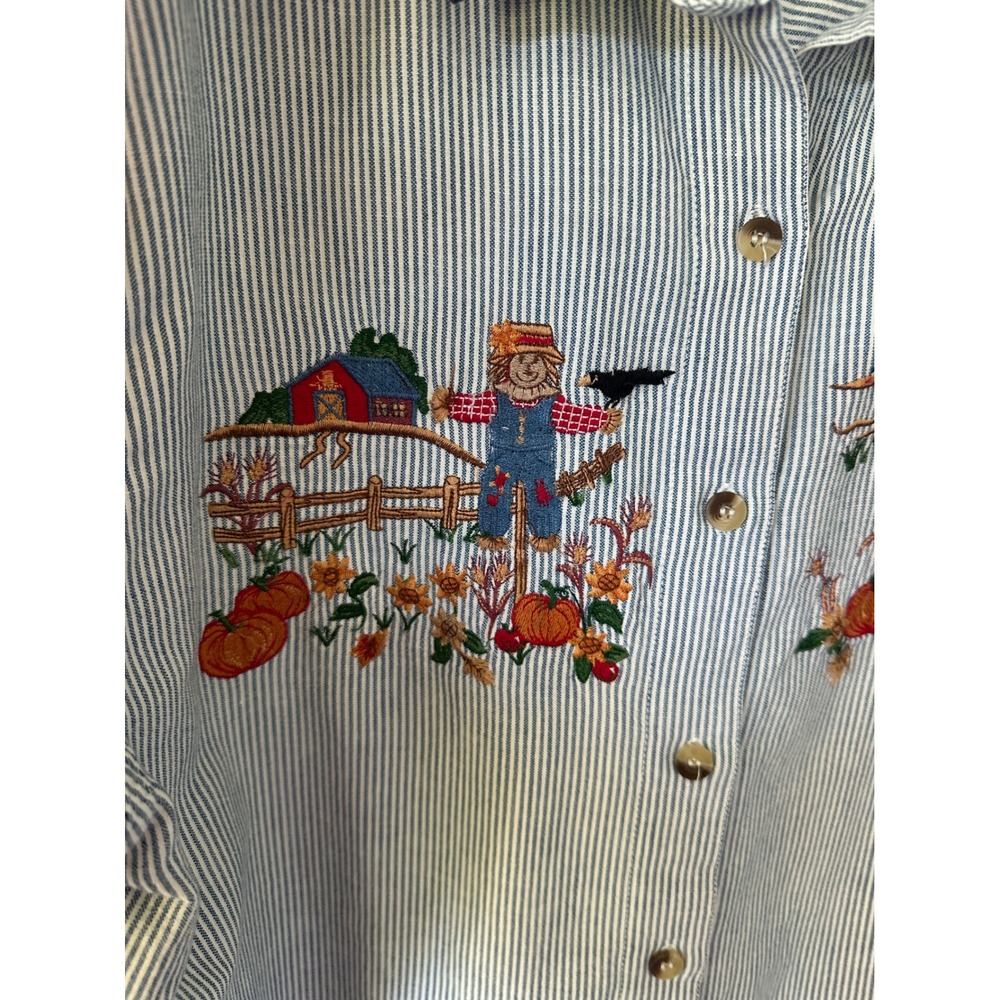Vintage 90 Embroidered Striped Button Up Fall Autumn Scarecrow Corduroy Collar L - Picture 4 of 6
